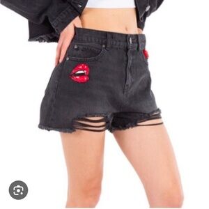 Pinko Black Jean Shorts with Red Lip Detail